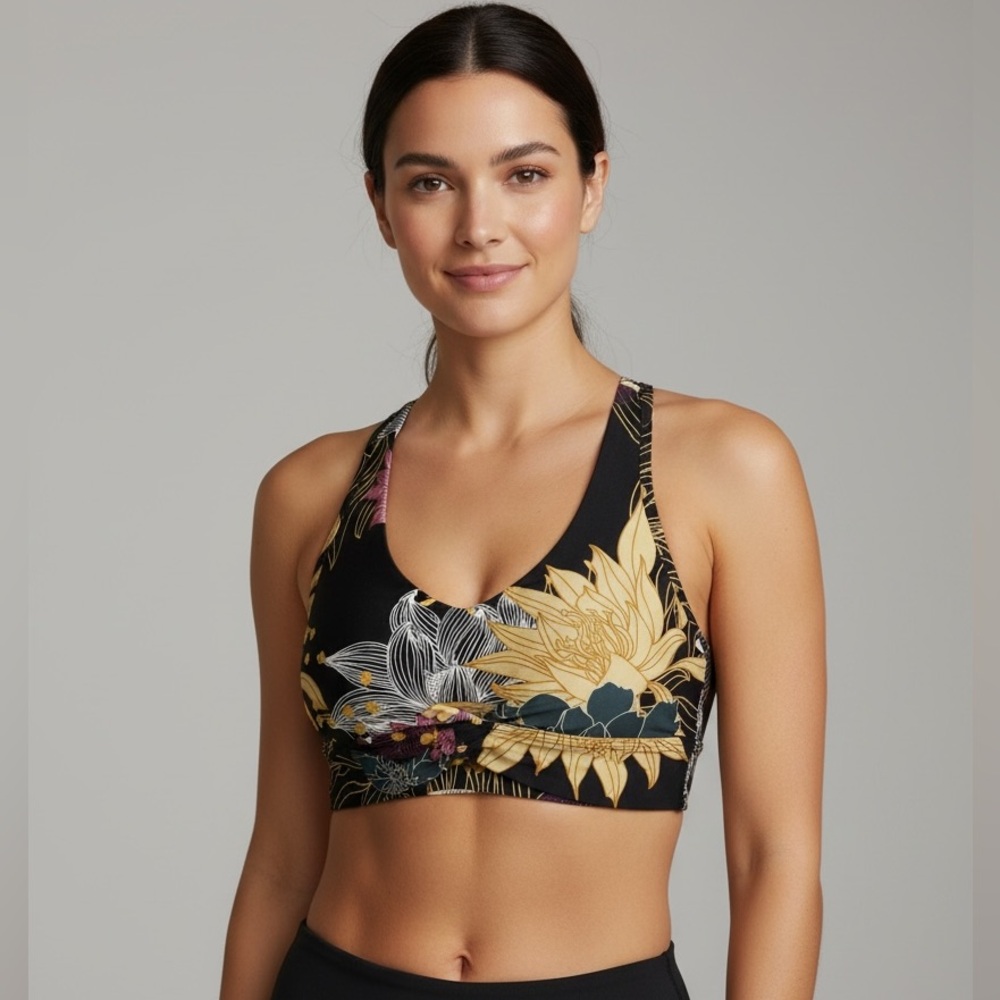 Running Bare Midnight Floral Racerback Sports Bra – Black, Size US 0–2 (AUS 6)